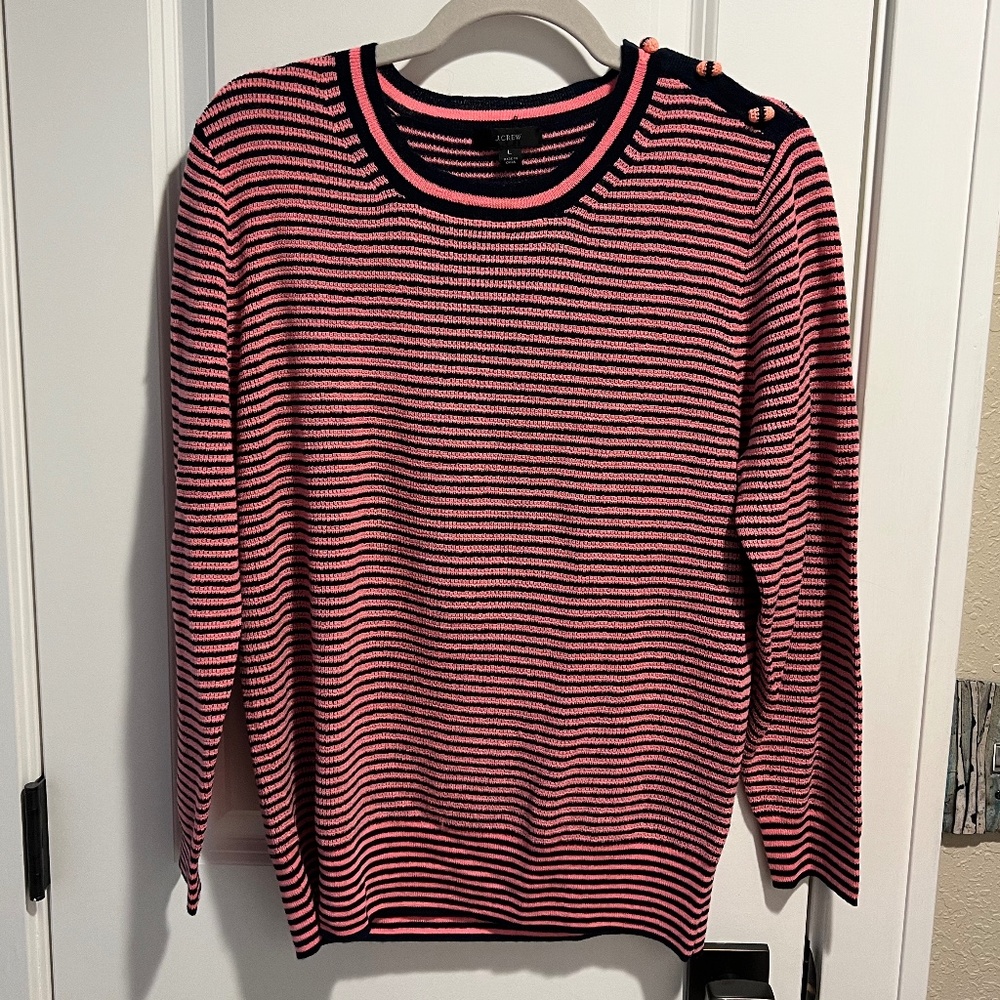 J. Crew Sweater - Marino Wool, Pink and Blue Stripes with Shoulder Buttons